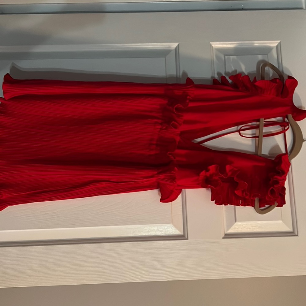 Red plunge pleaded skater dress from pretty littlething